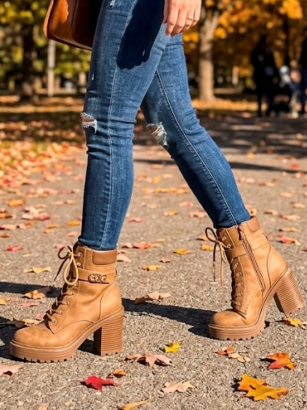 GBG Los Angeles Women's Tan Lace-Up Combat Boots Side Zip 4” Heeled Boot